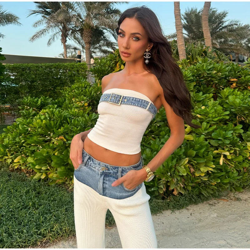 Designer White Knit Denim Suits Set Women's Patchwork Elegant Sleeveless Tops Matching Wide Leg Baggy Pants