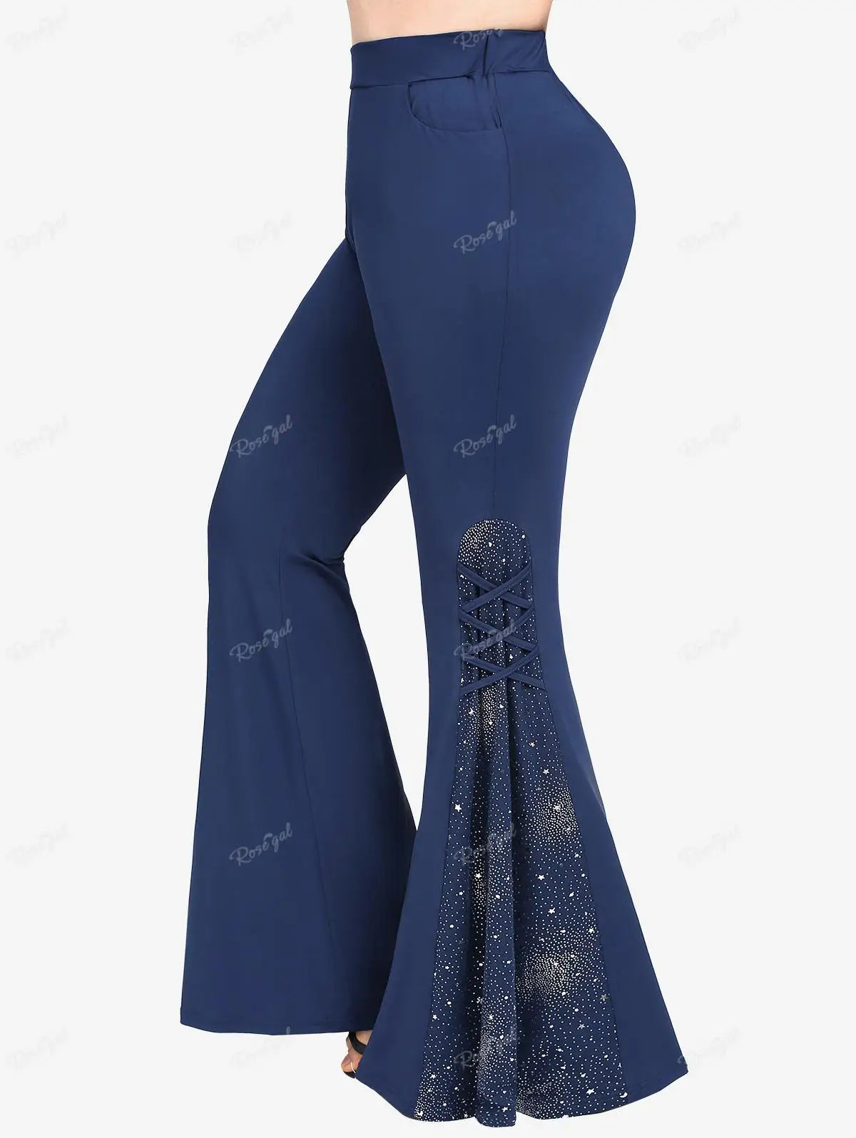 Gothic Lace Panel Lace-up Ruffle Flare Pants Elastic Waist Pull On Pant Colorblock Bell Bottom