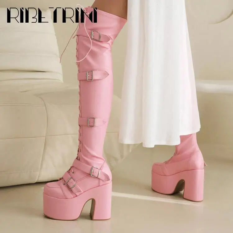 Goth Women Motorcycle Boots Block High Heels Platform Cool Street Boots
