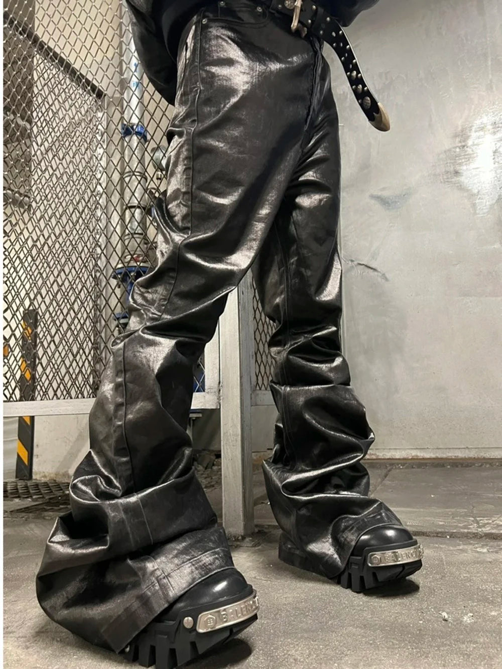 High Street Wide Leg Glossy Leather Pants Sashes Boot Cut Men and Women Straight Baggy Casual Jeans Oversized Flared Trousers