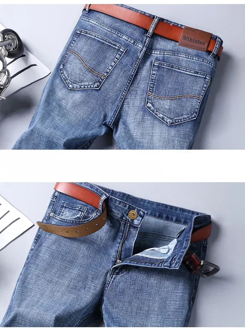 Men Classic Jeans Straight Regular Blue Stretch Denim Trousers Men's