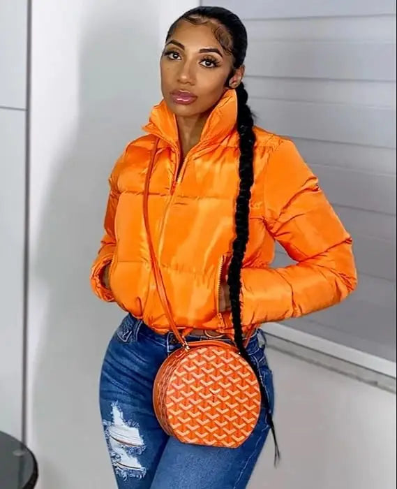 Women's Winter Cropped Puffer Jacket Long Sleeve Full Zip Lightweight Warm Quilted Down Coats