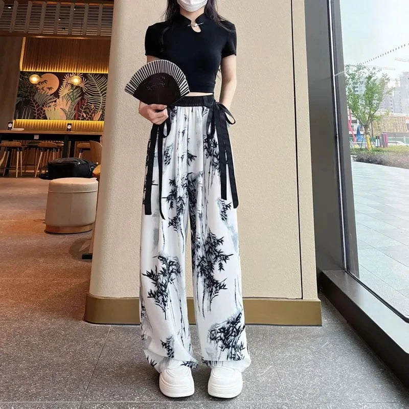 Women's Thin Casual Ice Silk Chiffon Wide Leg Pants Strap Drop Straight Tube Floor Trousers Korean Women