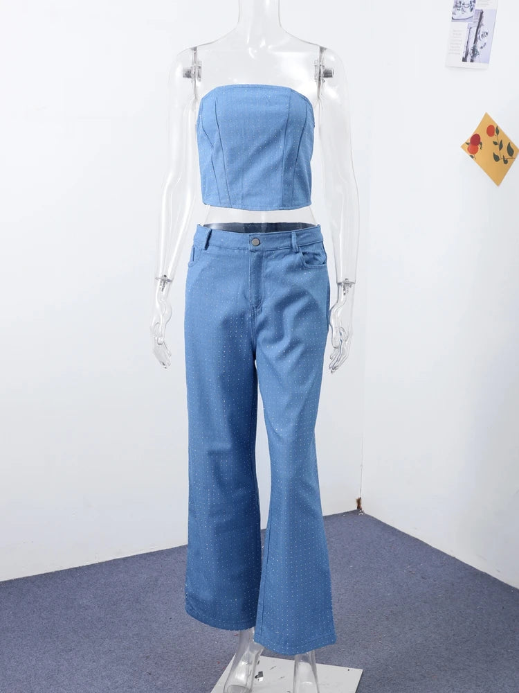 Rhinestone Denim Set Corset Shaping Crop Top Matching Slim Fit Jeans Party Clubwear Nightclub Cowgirl Style