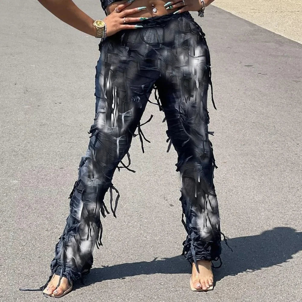 Tie Dye Printed High Waist Drawstring Tassel Flare Pants Stretch Legging Wide Leg