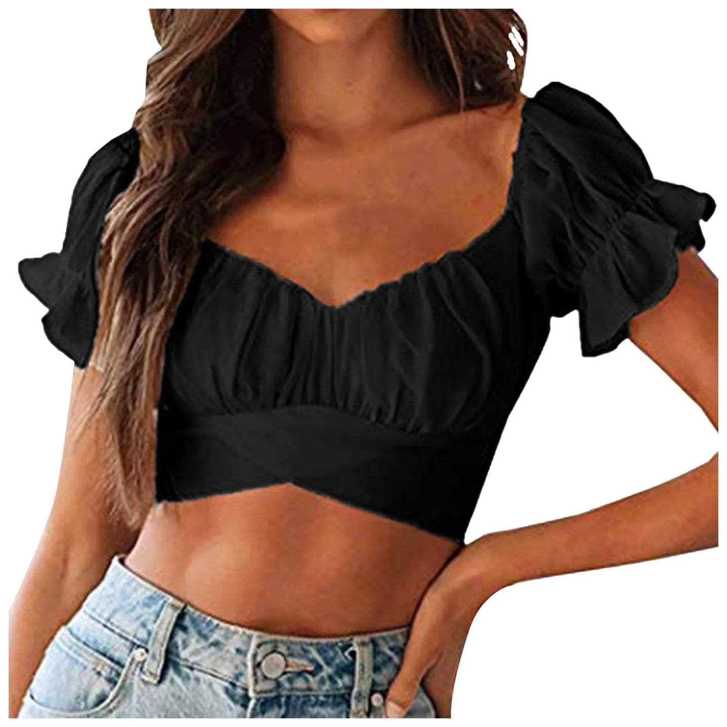 Deep V Neck Cropped Top Ruffled Short Sleeve Backless Tight Tank Top Watermelon Red / XL / United States Watermelon Red / S / United States