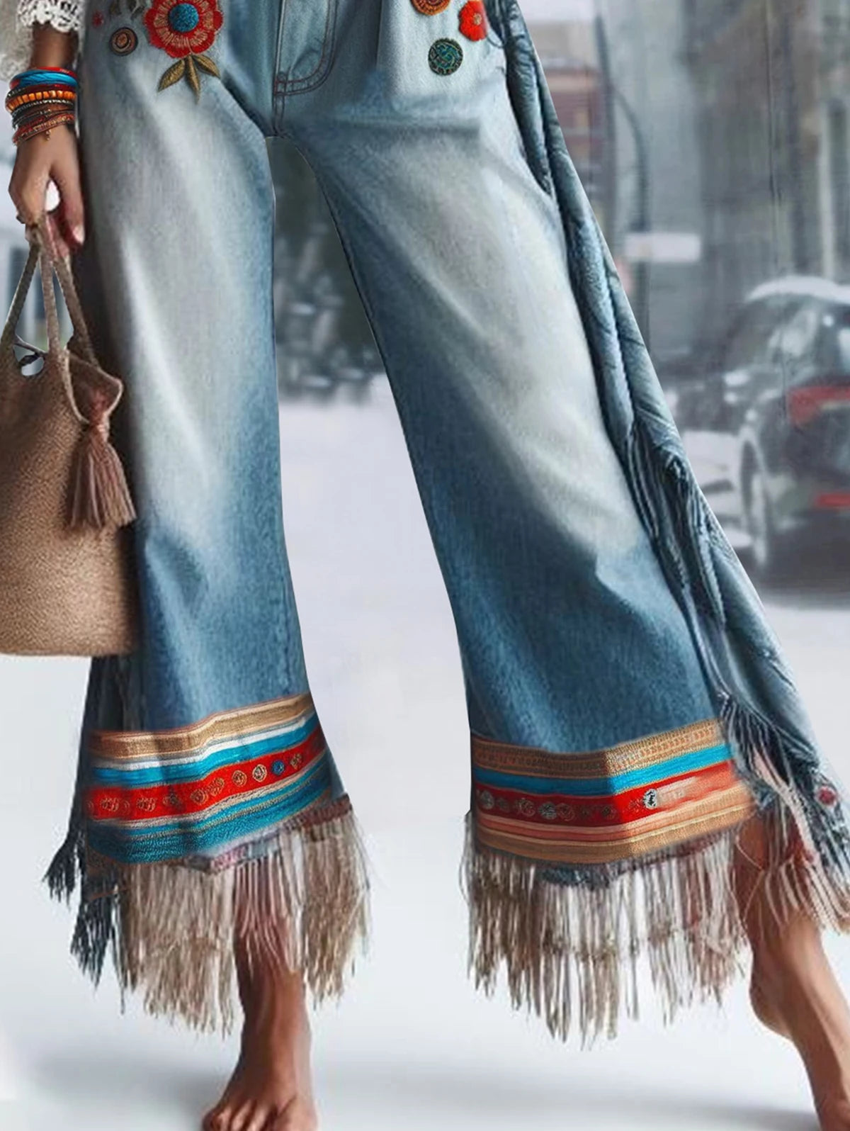 Women Tassel Jeans Pockets Floral Embroidery Patchwork Denim Straight Leg Jeans Ethnic Casual