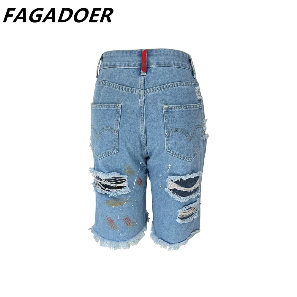 Hole Print Pants Casual High Waist Button Straight Jeans Summer Female
