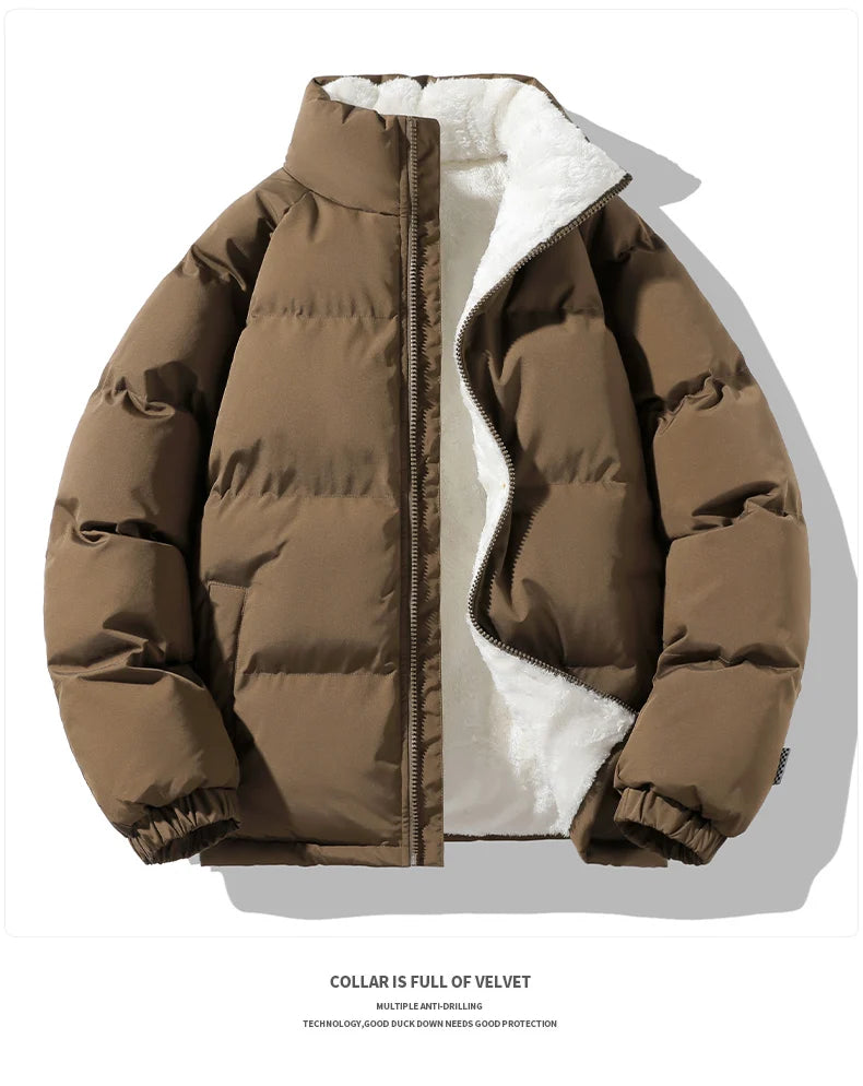 Warm Parka Coat Fleece Inside Male Solid Color Stand Collar Cotton Jacket Men's