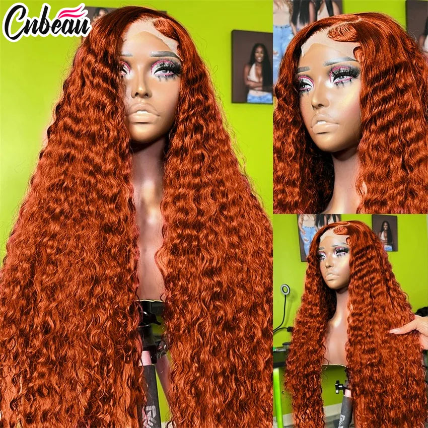30 Inch Orange Ginger Deep Wave Human Hair Wig 13x4 13x6 HD Lace Curly Wave