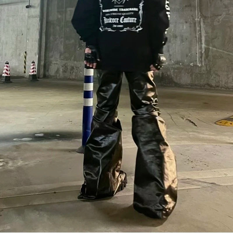 High Street Wide Leg Glossy Leather Pants Sashes Boot Cut Men and Women Straight Baggy Casual Jeans Oversized Flared Trousers