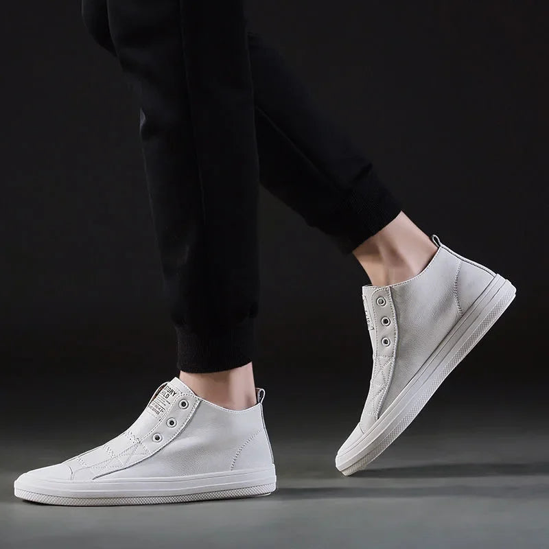 Genuine Leather Shoes Men High top Fashion Sneakers Flat Brand Black White Shoes