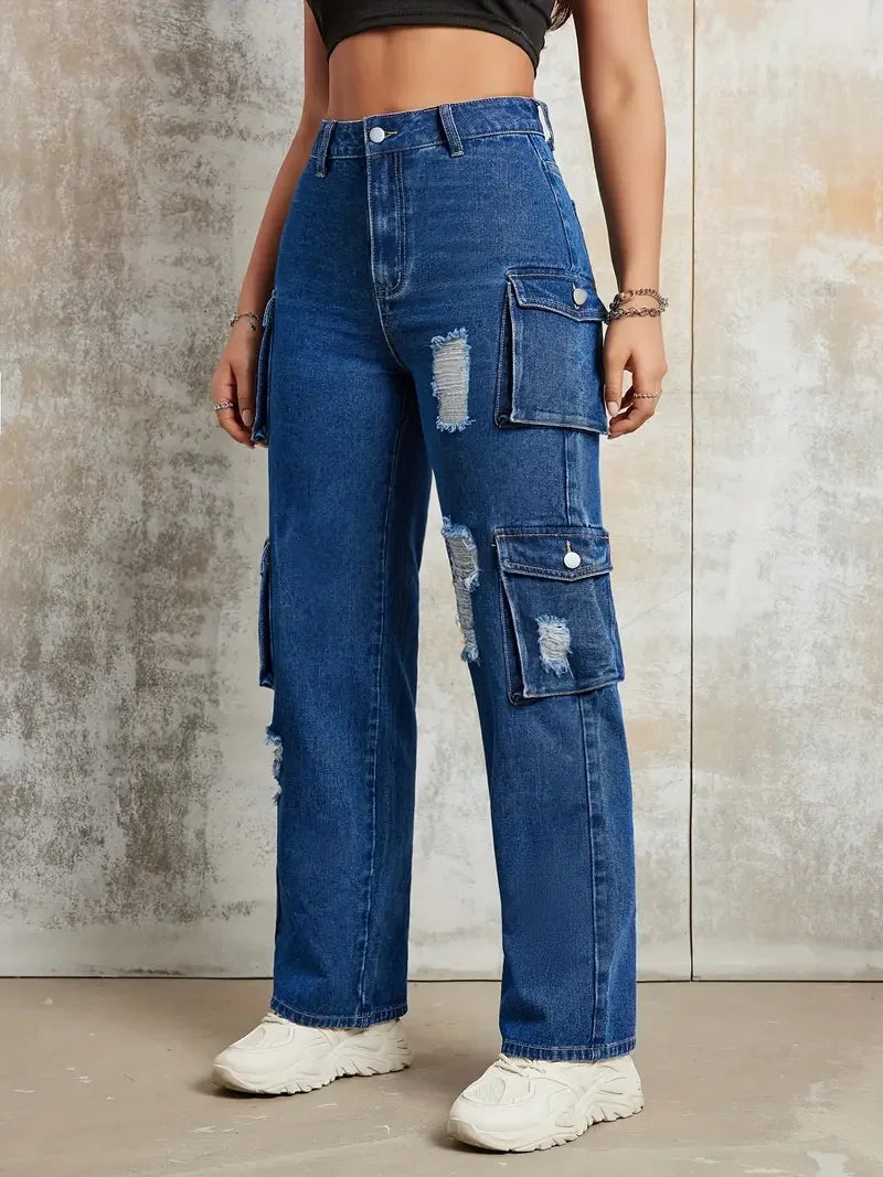 American Retro Punk Style Jeans New Versatile No Waist Pocket Work Style Fashion Denim Wide-leg Pants Female Baggy Jeans Pants