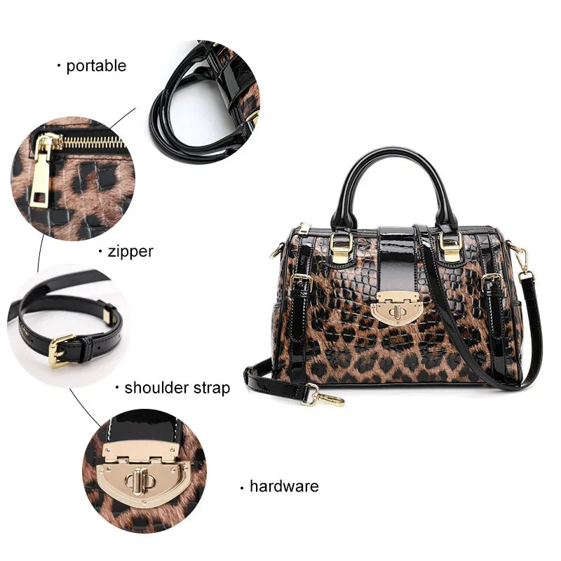 Leopard Handbag Leather Women's Bag Large Capacity Boston Bag Fashion Versatile Cowhide One Shoulder Crossbody Bag