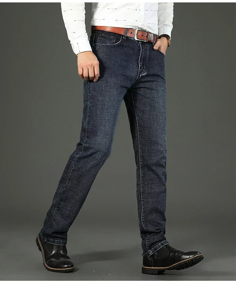 Men Classic Jeans Straight Regular Blue Stretch Denim Trousers Men's