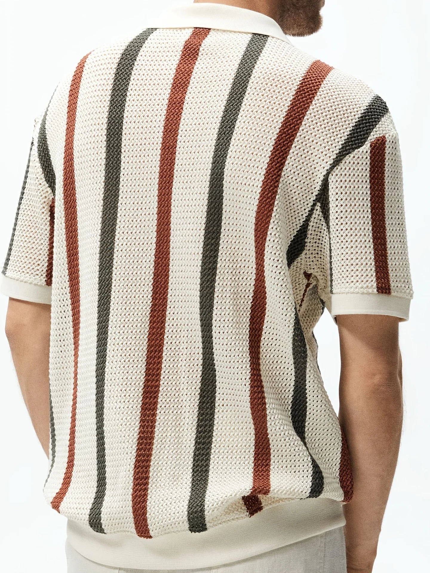 Chunky Knit Short-Sleeve Polo Shirt With Stripes And Contrast Colors, Casual Wear