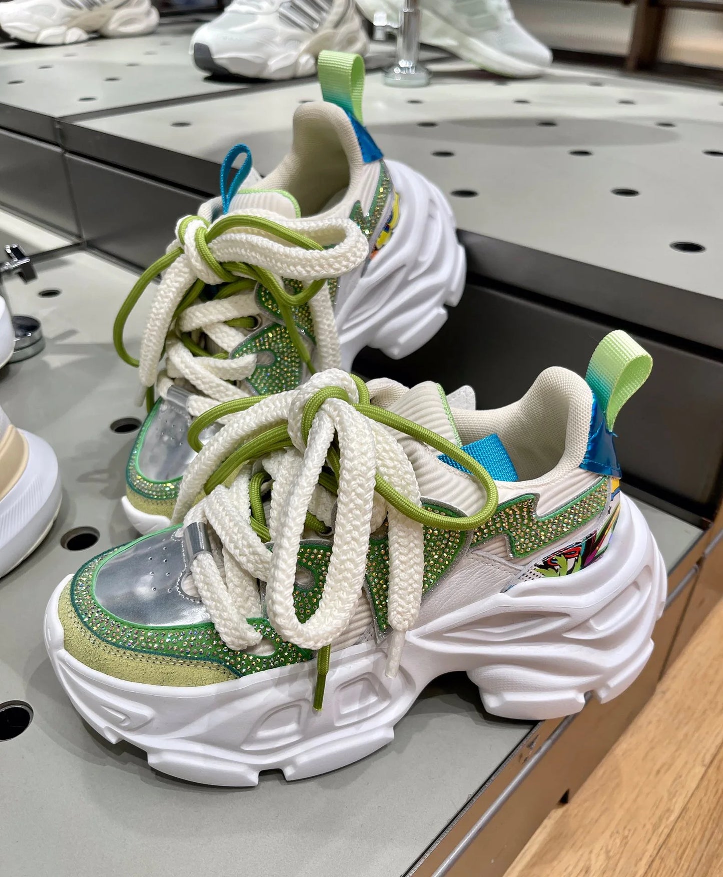 Women High Heels Platform Shoes Green Chunky Sneakers Real Leather Thick Sole Crystal