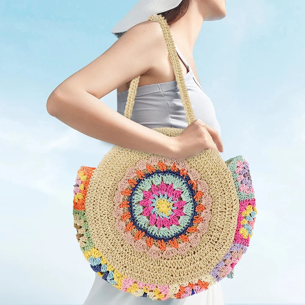 Woven Handbag Round Straw Woven Tote Bag Vacation Shoulder Bag Large Capacity