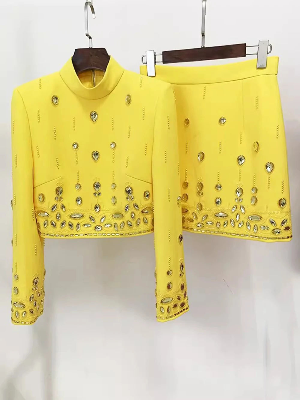 Long Sleeve Short Top and Mini Skirt Suit Outfit, Diamond Beaded Design,High Quality, 2 Pcs Set
