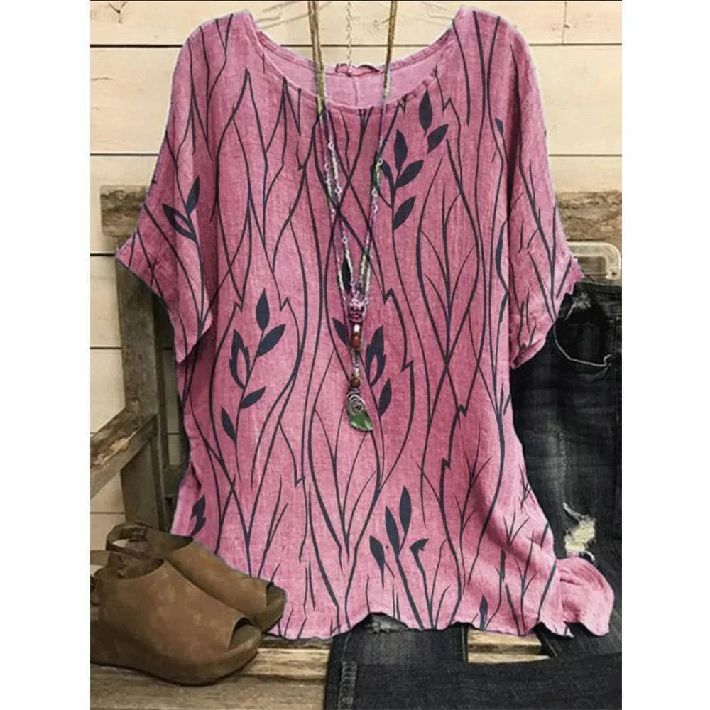 Casual Loose Leaves Print Blouse T-shirt Ladies Fashion Vintage Blouse Unique Half Sleeves
