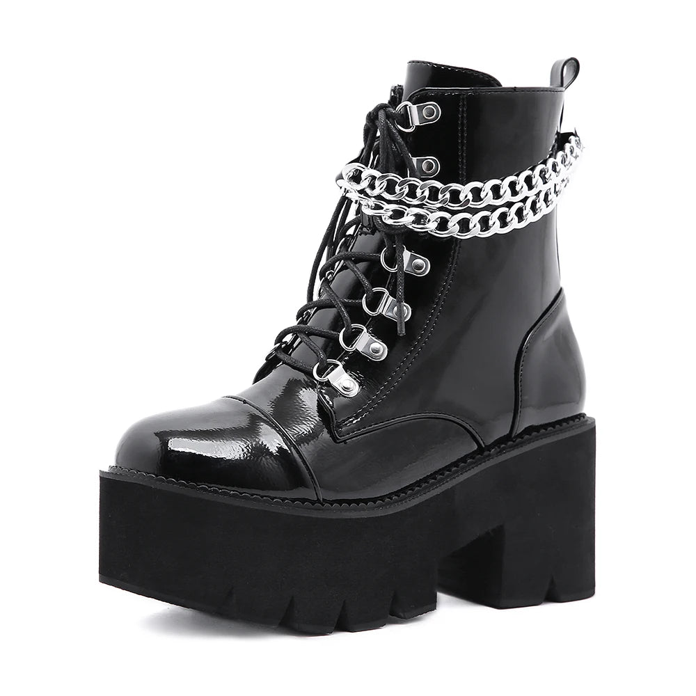 Gothic Black Boots for Women Chain Chunky Heel Platform Ankle Boots Zipper