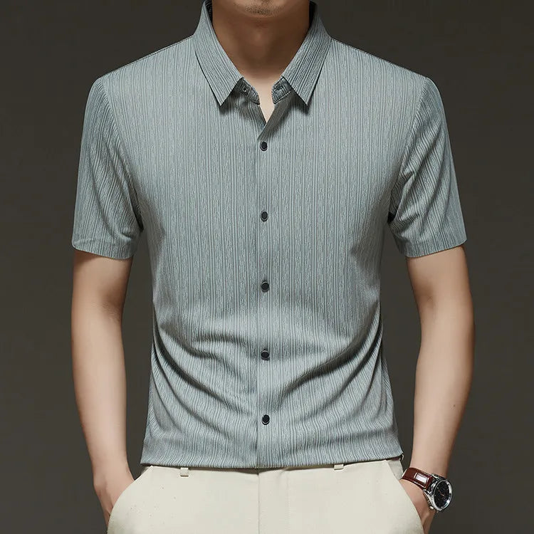 Men's Slim Fit Short Sleeve Dress Shirt Premium Spandex Stretch Fabric Solid Colors Business Casual