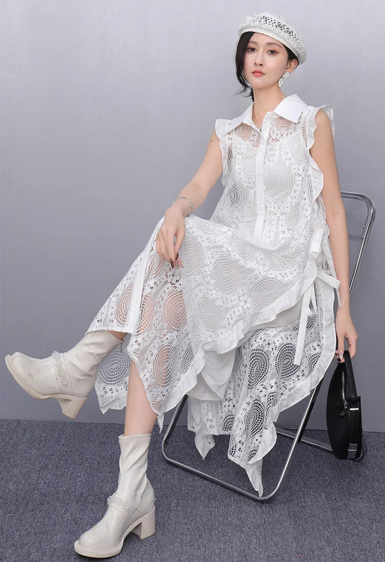 Solid Black White Sleeveless Black Lace Dress Loose Fit Button Up Gorgeous Casual Tank