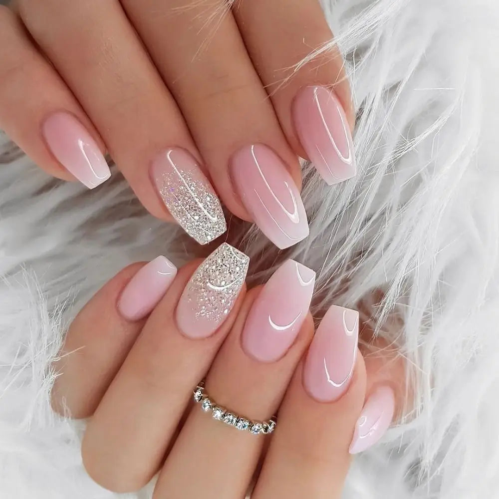 24pcs Gradient Fake Nails French Ballerina Nail Medium Coffin Press on Nails Tips AA6 AA5