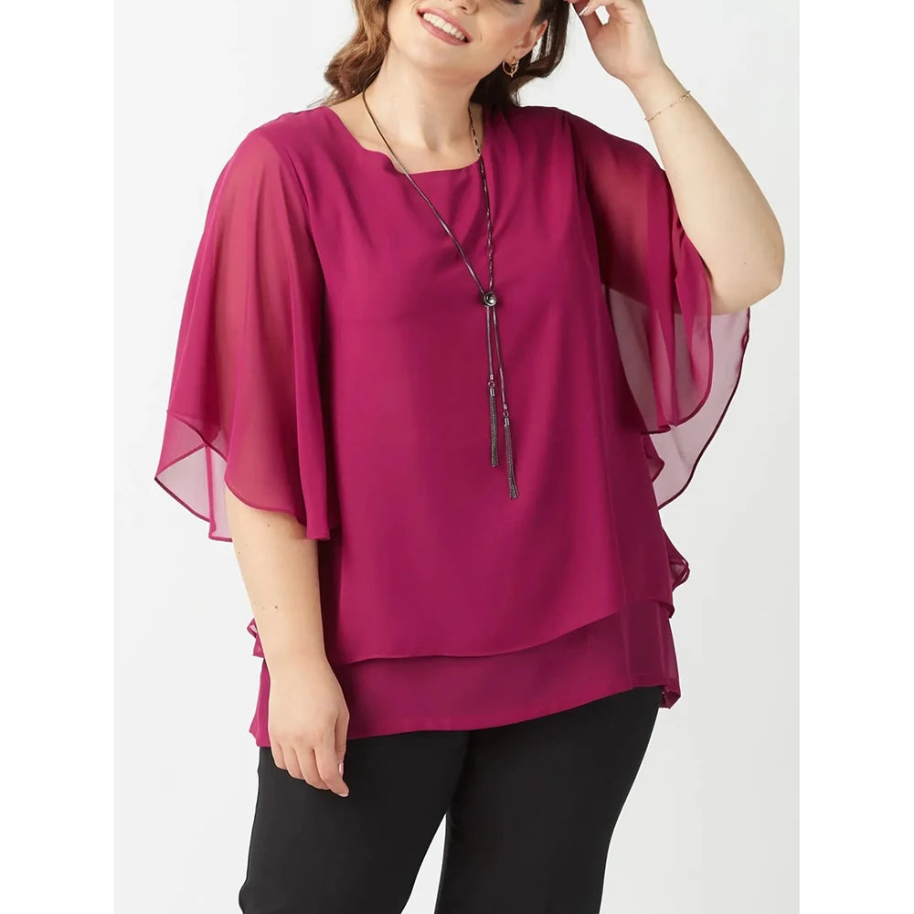 Women Plus Size Mesh Tierred Patchwork Blouse Round Neck Half Sleeves Elegant Female Shirts Pullovers Summer Office Lady Blouses