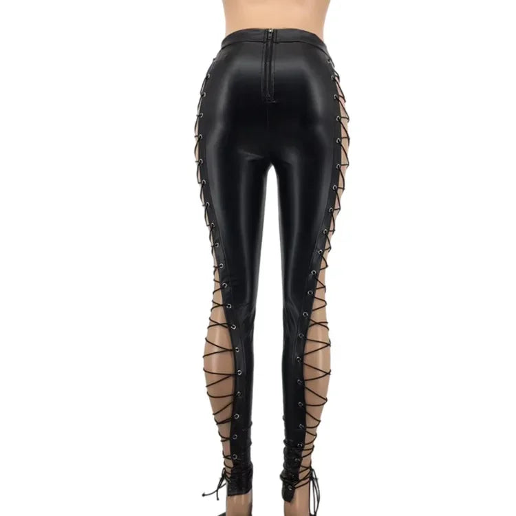 Women's Lace Up PU Leather Pants Chic High Waist Hollow Out Drawstring Bandage Cut Out Faux Leather Trousers
