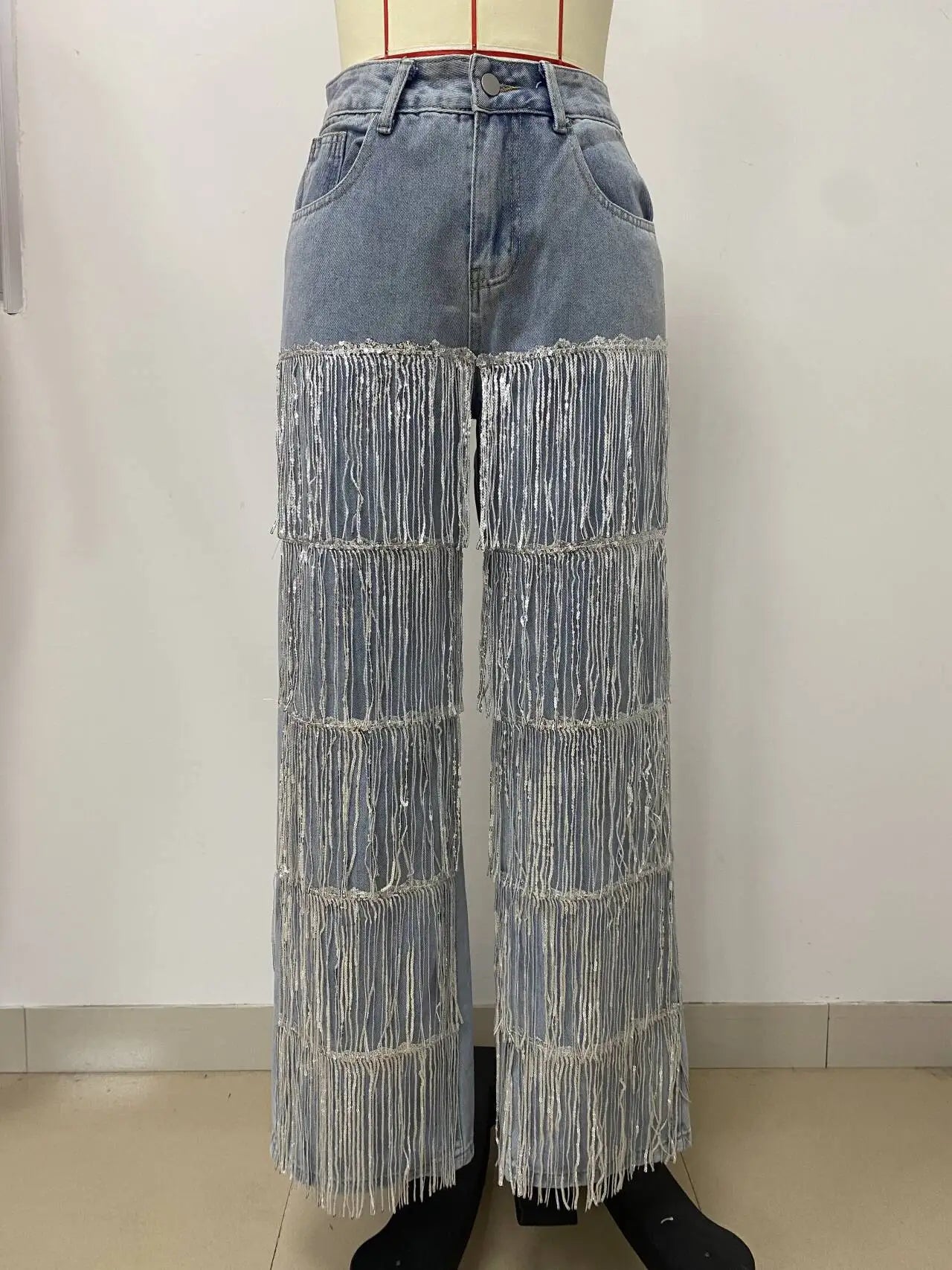 Women Sequins Tassel Wide Leg Blue Denim High Waist Jeans Trousers