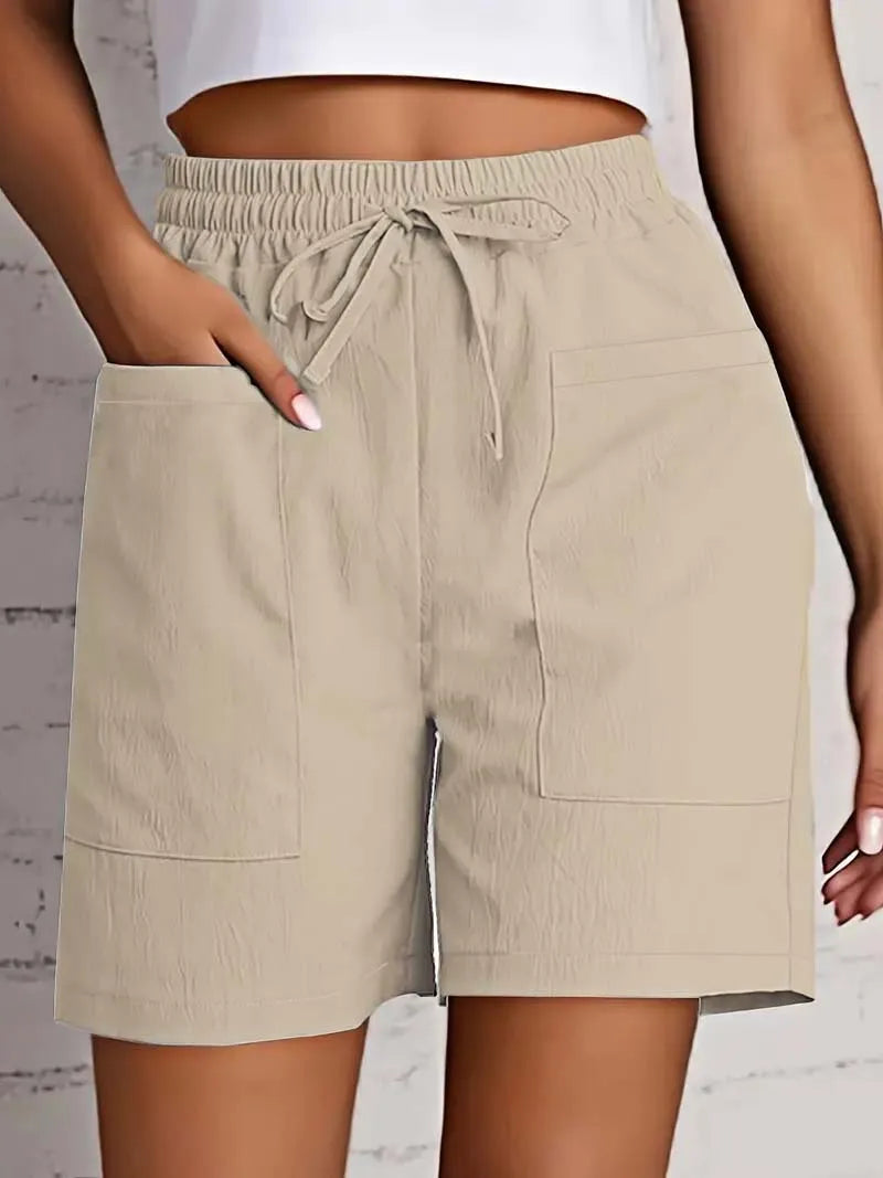 Summer New Women's Solid Color Pocket Loose High Waist Casual Fashion Quarter Shorts