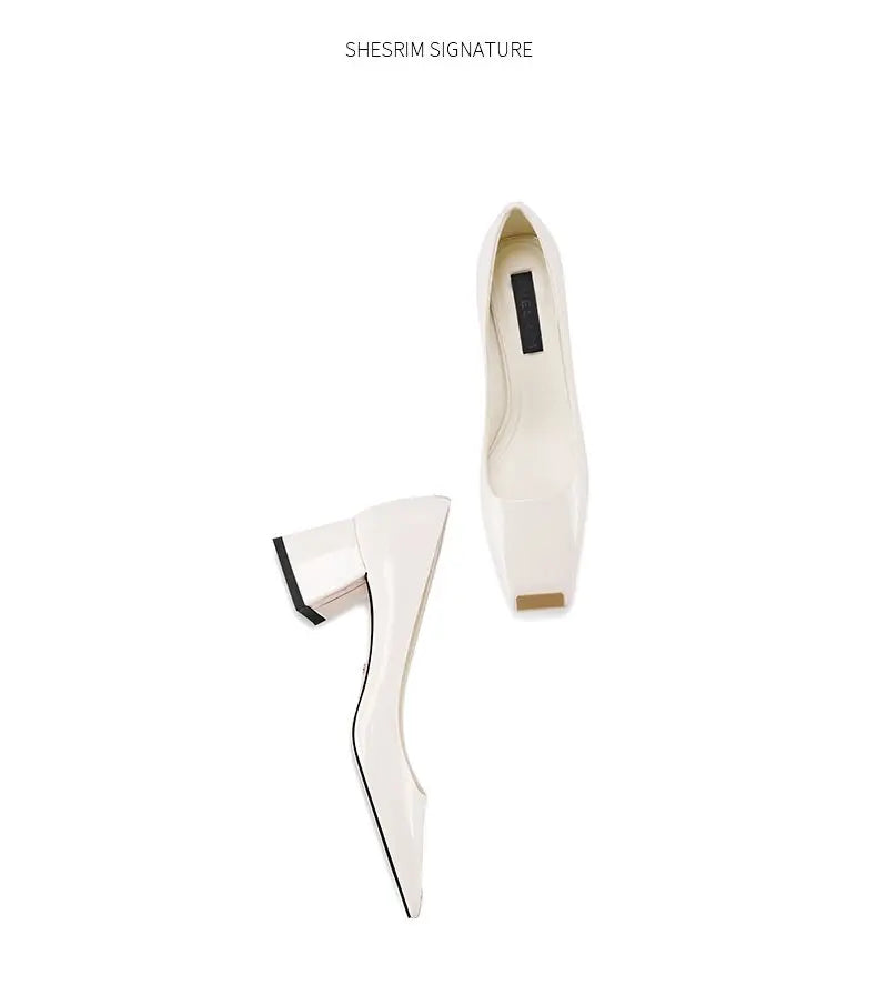 Ladies pumps chunky heels leather square head shallow mouth comfortable