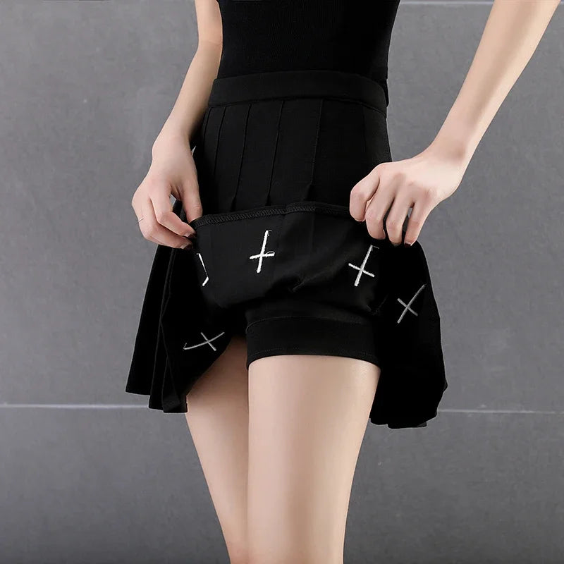 High Waist Pleated Skirt Elastic Waist Cross Embroidery black Pleated