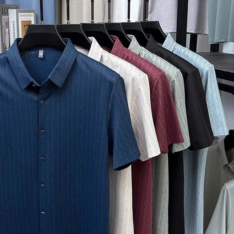 Men's Slim Fit Short Sleeve Dress Shirt Premium Spandex Stretch Fabric Solid Colors Business Casual