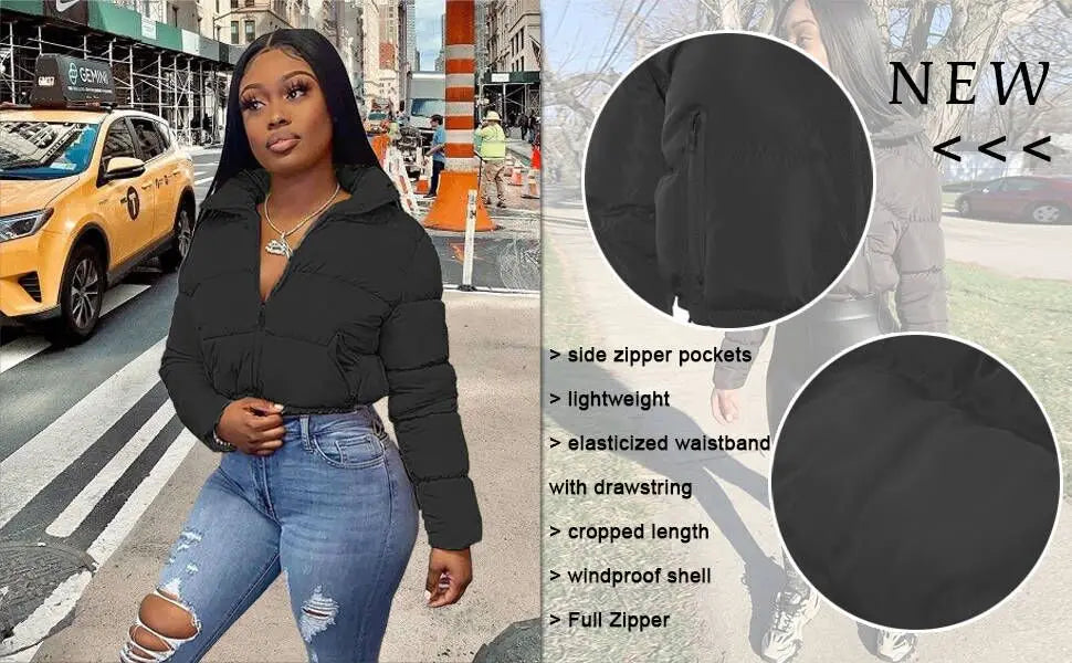 Women's Winter Cropped Puffer Jacket Long Sleeve Full Zip Lightweight Warm Quilted Down Coats