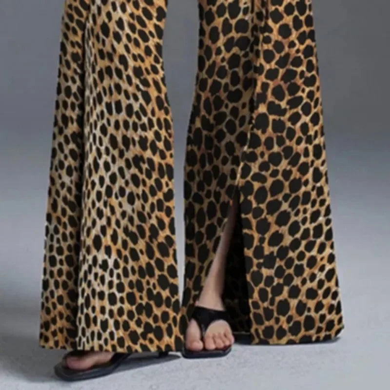 Women High Street Leopard Printed Pants Casual Loose Split-Front High-Waist Wide Leg