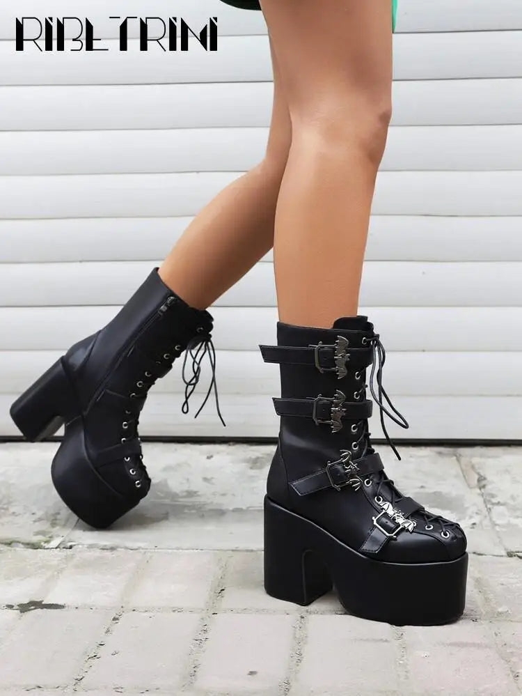 Goth Women Motorcycle Boots Block High Heels Platform Cool Street Boots