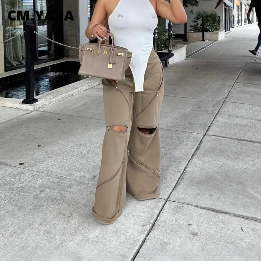 Basic Zipper Adjust Hole Women Wide Leg Loose Joggers Pants Fall Winter Active Loose Sporty Sweatpants