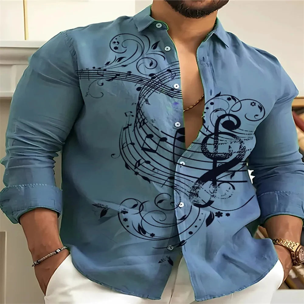 Music note print men's shirt casual open lapel top comfortable long-sleeved