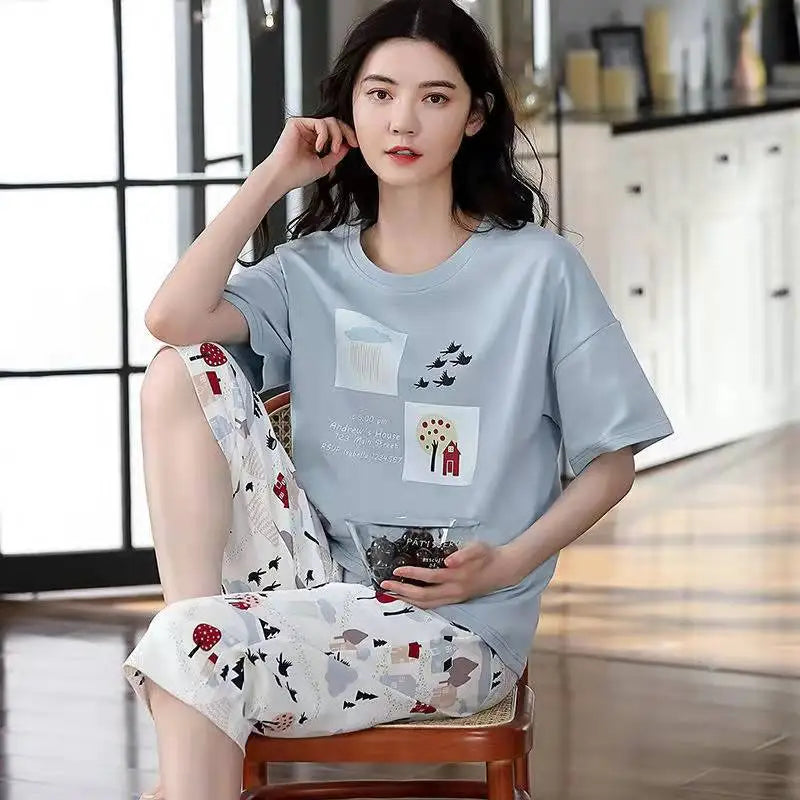 Half-Sleeve Seven-Quarter Trousers Student Nightwear Set Round Neck Cartoon Ladies Pajamas Loungewear