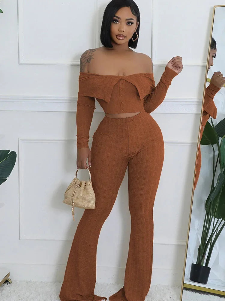 Knitted Two Piece Set Off Shoulder Slash Neck Crop Top and Flare Pants Set
