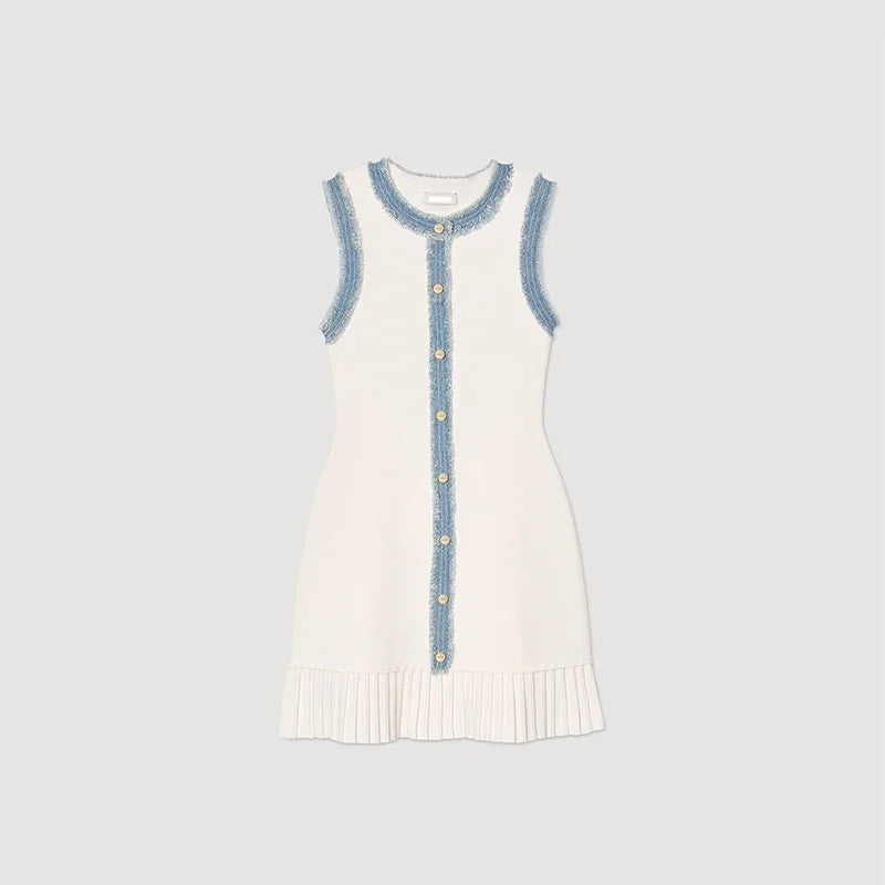 Denim Patchwork Skirts Round Collar Sleeveless Slim Dress Single-breasted Splicing