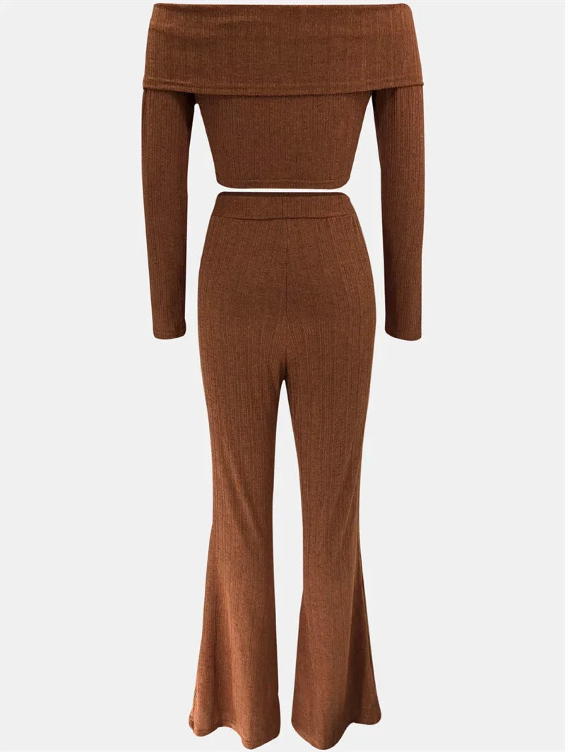 Knitted Two Piece Set Off Shoulder Slash Neck Crop Top and Flare Pants Set