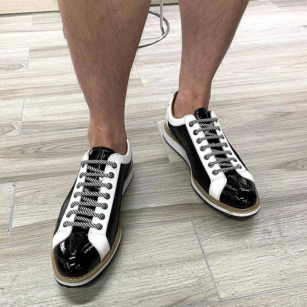 Luxury Brand Large Size Men's Flat Sneakers 6 to 13 Patent Leather Lace-up Black White Casual Shoes for Men