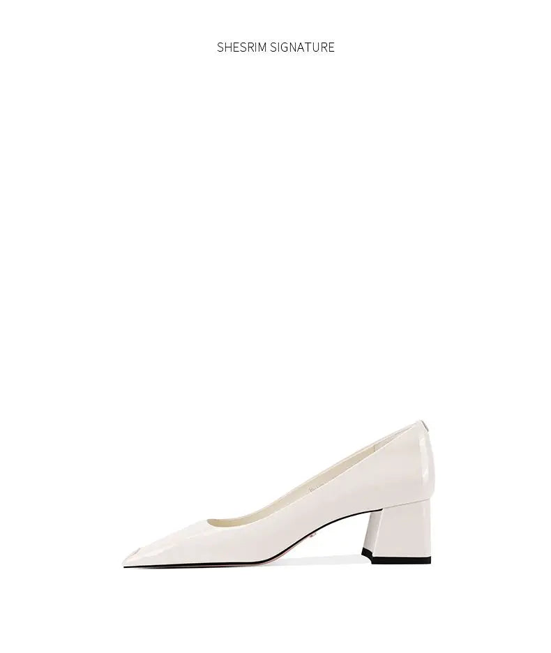 Ladies pumps chunky heels leather square head shallow mouth comfortable