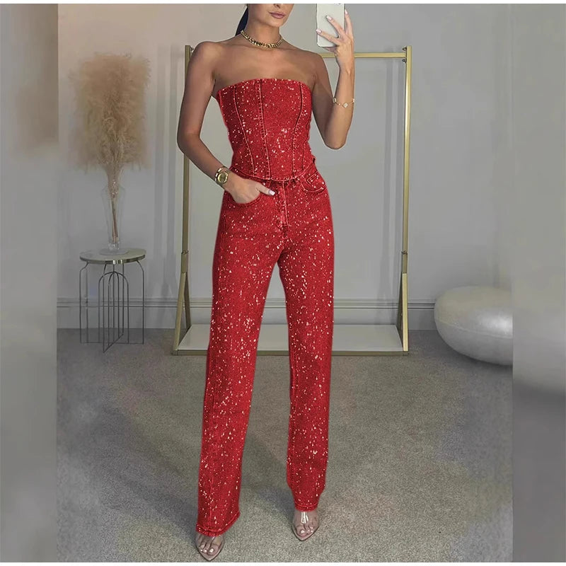 Diamond Vest Jeans Set For Women Sleveless Tube Tops High Waist Pocket Denim
