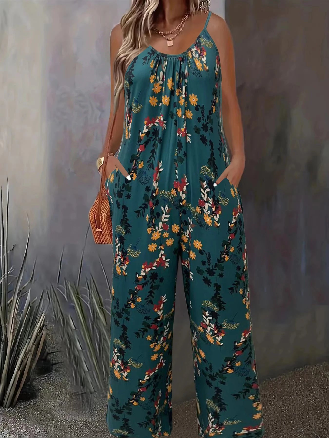 Plus-size floral print vacation style jumpsuit with pockets