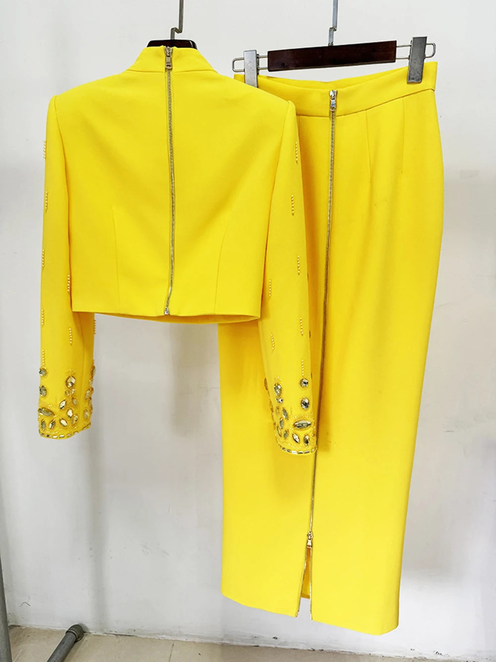Long Sleeve Short Top and Mini Skirt Suit Outfit, Diamond Beaded Design,High Quality, 2 Pcs Set