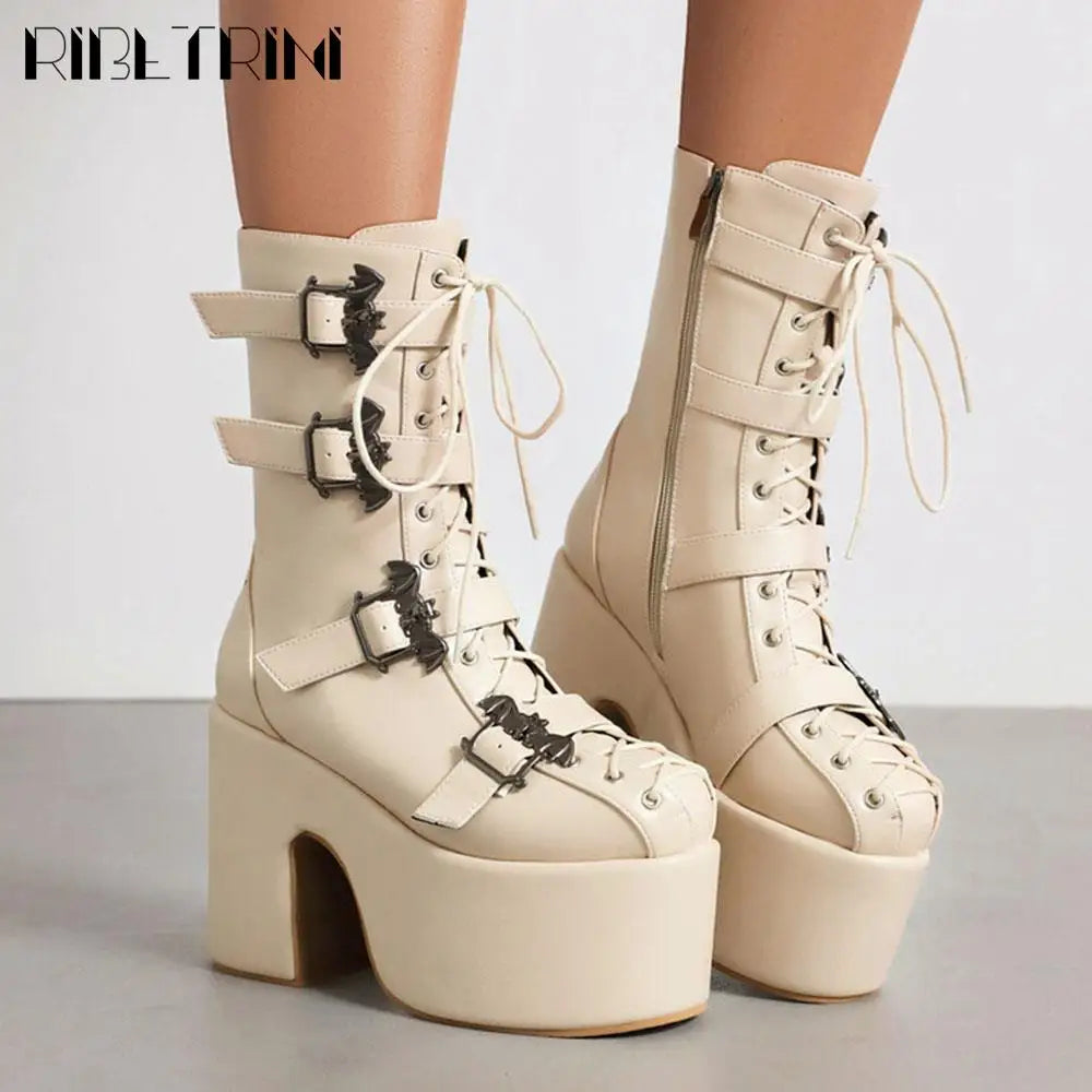 Goth Women Motorcycle Boots Block High Heels Platform Cool Street Boots